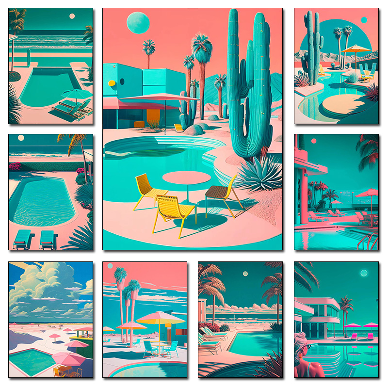 Resin Art Wall - Retro Futurystyczny Plażowy Krajobraz z Palmami,