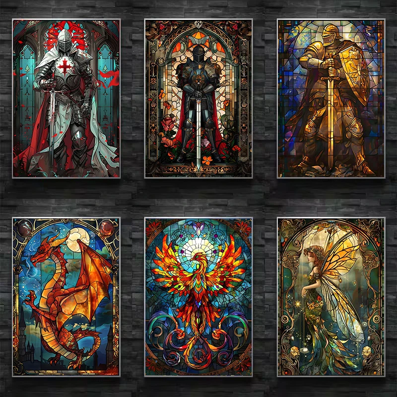 Resin Art Wall - Fantazyjny Plakat z Witrażami, Złoty Rycerz,